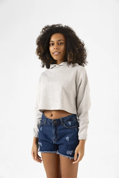Basic Kırçıllı Gri Kapüşonlu Crop Sweatshirt - Resim 5