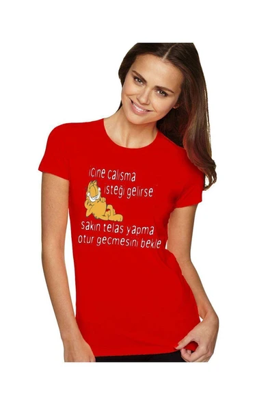 Komik Kedi Baskılı Dar Kesim Kadın Kırmızı t-shirt ürün görseli 1
