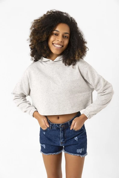 Basic Kırçıllı Gri Kapüşonlu Crop Sweatshirt ürün görseli 1