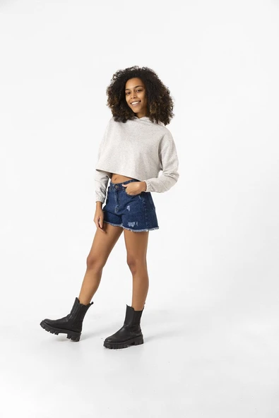 Basic Kırçıllı Gri Kapüşonlu Crop Sweatshirt - Resim 8