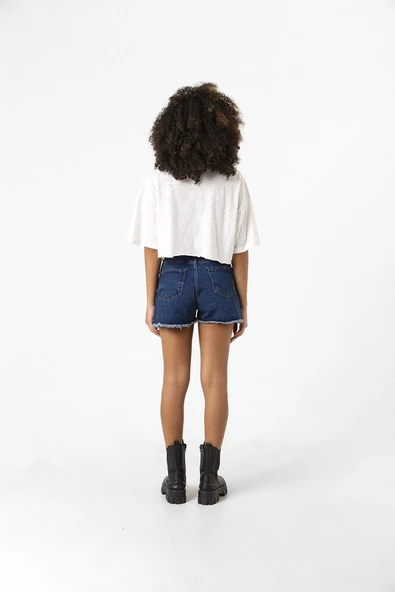Basic Kırçıllı Beyaz Oversize Crop Tshirt - Resim 4