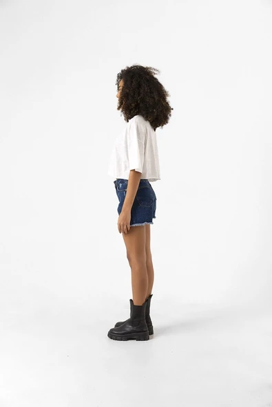 Basic Kırçıllı Beyaz Oversize Crop Tshirt - Resim 3