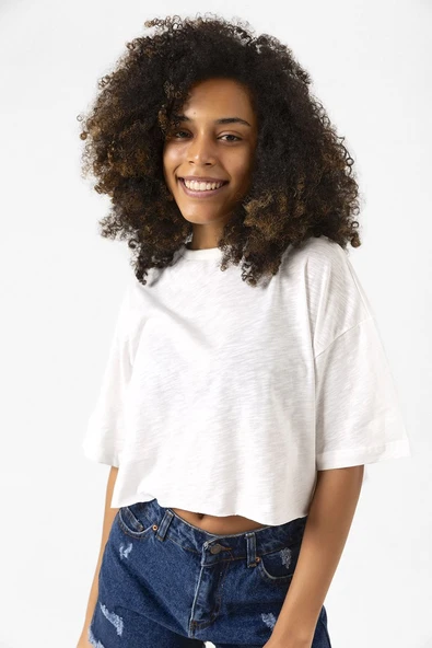 Basic Kırçıllı Beyaz Oversize Crop Tshirt ürün görseli 1