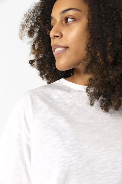 Basic Kırçıllı Beyaz Oversize Crop Tshirt - Resim 6