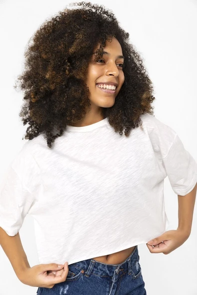 Basic Kırçıllı Beyaz Oversize Crop Tshirt - Resim 5