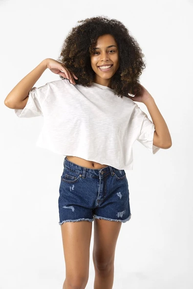 Basic Kırçıllı Beyaz Oversize Crop Tshirt - Resim 8