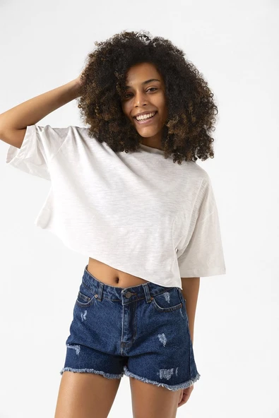 Basic Kırçıllı Beyaz Oversize Crop Tshirt - Resim 7