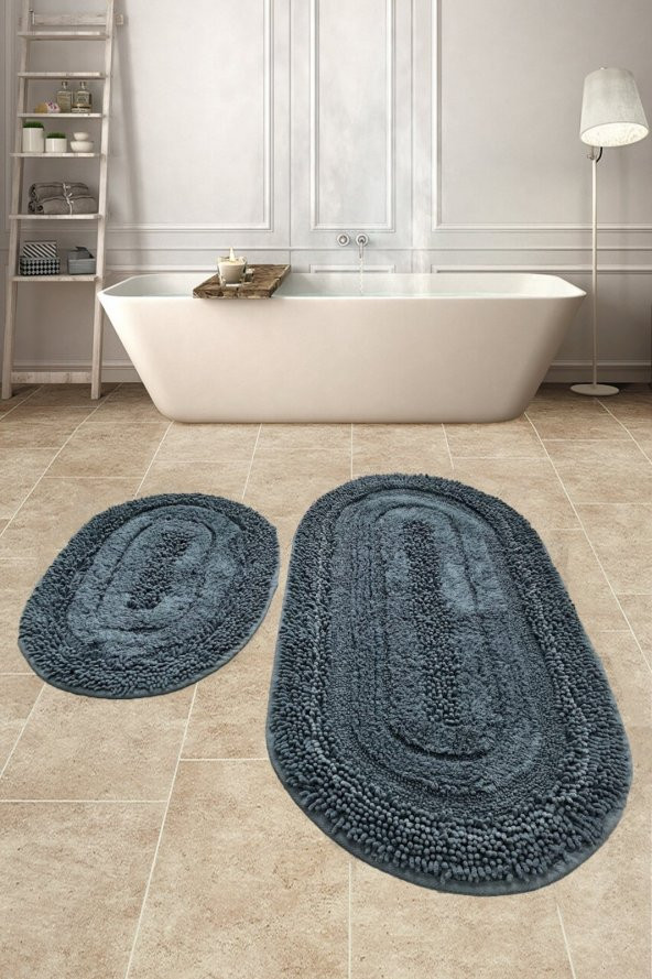 Doğal Pamuklu Spagetti Oval Antrasit 2li Banyo Paspası Seti Banyo Halısı Klozet Takımı ürün görseli 1