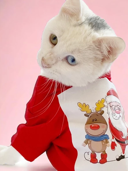 Santa and Friend Rudolph Kedi Tişörtü Yılbaşı Noel Christmas Kedi Elbisesi ürün görseli 1