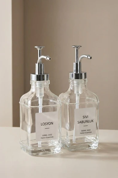 2’li Cam Sıvı Sabun ve Losyon Etiketli Gümüş Tıpalı Deterjan Şişesi Sabunluk 500 Ml C1-1-289 ürün görseli 1