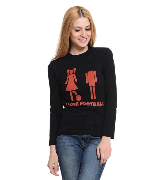 I Love Football Komik Baskılı Kadın Siyah Sweatshirt ürün görseli 1