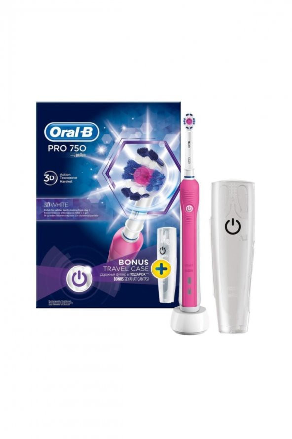 Oral-B Pro 750 3d White Pembe Şarj Edilebilir Diş Fırçası + Seyahat Kabı ürün görseli 1