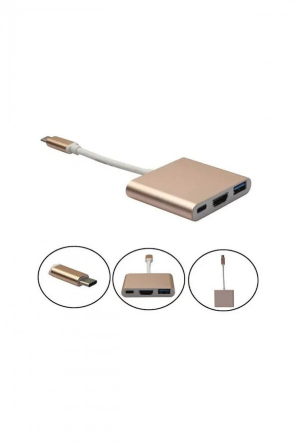 BASTORE Apple Macbook USB 3.1 Type-C to HDMI + USB 3.0 Çevirici Dönüştürücü Kablo Gold ürün görseli 1