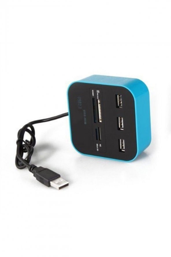 WOZLO 3 Port Usb 2.0 Hub - Usb Çoklayıcı + Usb Kart Okuyucu Mavi ürün görseli 1