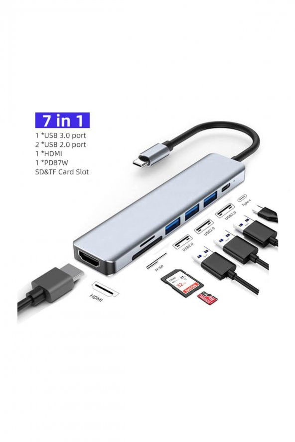 WOZLO Usb Type-c To 4k30hz Hdmi Kablosu + Sd/ Tf Kart Okuyucu + Usb3.0 + 2xusb2.0 + Pd 87w Çevirici Kablo ürün görseli 1