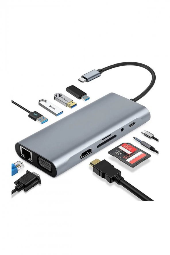 WOZLO Usb Type-c To Hdmi 4k30hz + Vga 1080p + Ethernet + Usb Hub + Kart Okuyucu + Pd 87w Çevirici Kablo ürün görseli 1
