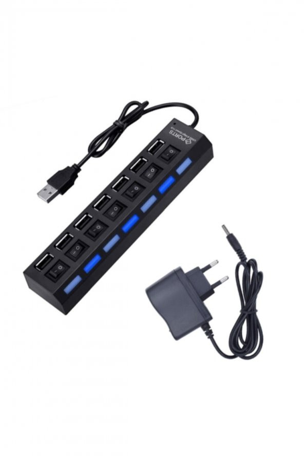 BASTORE 7 Port Usb Hub Çoklayıcı Çoğaltıcı Onoff Düğmeli Işıklı Adaptörlü ürün görseli 1