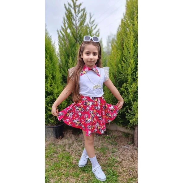 MODAVALS DANTELLİ KOLYELİ ÇİÇEK DESENLİ KIZ ÇOCUK ETEKLİ KOMBİN - KIRMIZI ürün görseli 1