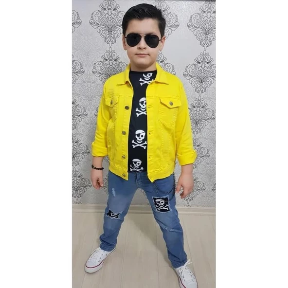 MODAVALS GABARDİN CEKETLİ KURU KAFA TASARIMLI ERKEK ÇOCUK KOT KOMBİN - SARI ürün görseli 1