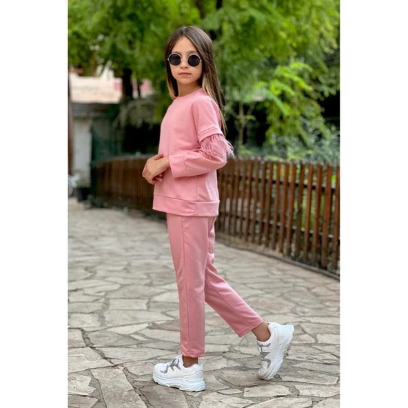MODAVALS TÜY DETAY KOLLU KIZ ÇOCUK EŞOFMAN TAKIMI - PEMBE ürün görseli 1