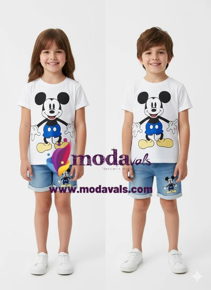 MODAVALS MICKEY NAKIŞLI LAZER KESİ DETAYLI ERKEK ÇOCUK KOT ŞORTLU TAKIM - MAVİ ürün görseli 1