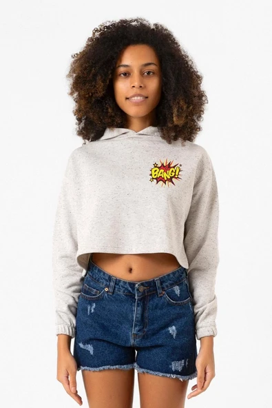 Big Bang Theory Bang Logo Beyaz Kırçıllı Kadın Crop Kapşonlu ürün görseli 1