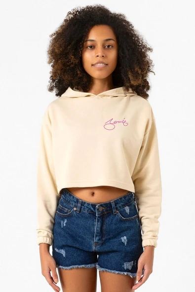 Blackpink Jennie Signature Bej Kadın Crop Kapşonlu ürün görseli 1