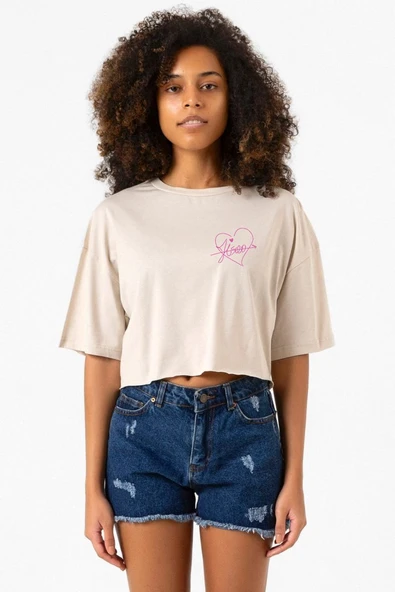Blackpink Jisoo Signature Bej Kadın Crop Tshirt ürün görseli 1