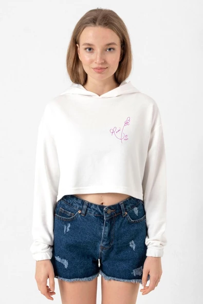 Blackpink Rose Signature Ekru Kadın Crop Kapşonlu ürün görseli 1