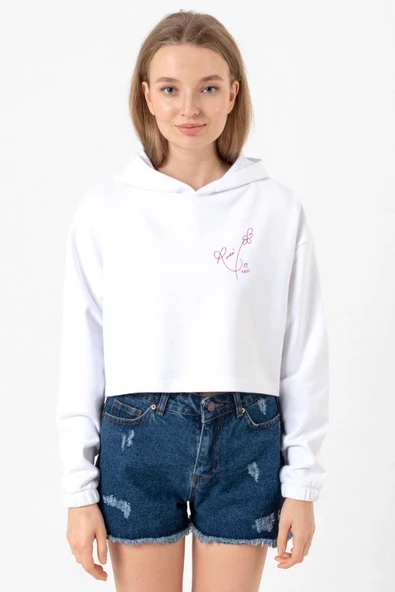 Blackpink Rose Signature Beyaz Optik Kadın Crop Kapşonlu ürün görseli 1