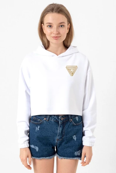 Dark Tannhaus Logo Beyaz Optik Kadın Crop Kapşonlu ürün görseli 1