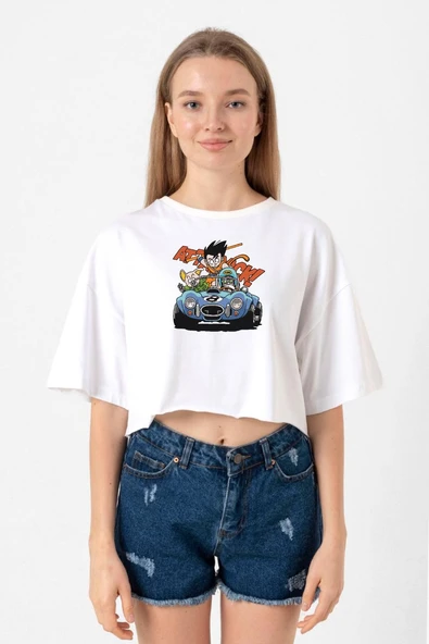 Dragon Ball Z Anime Goku Racer Beyaz Kadın Crop Tshirt ürün görseli 1