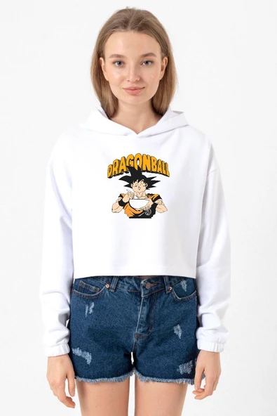 Dragon Ball Z Anime Goku Eating Ramen Beyaz Optik Kadın Crop Kapşonlu ürün görseli 1