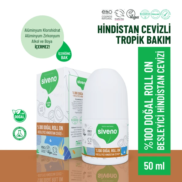Siveno %100 Doğal Roll-On Hindistan Cevizli Deodorant Ter Kokusu Önleyici Bitkisel Lekesiz Vegan 50 ml ürün görseli 1