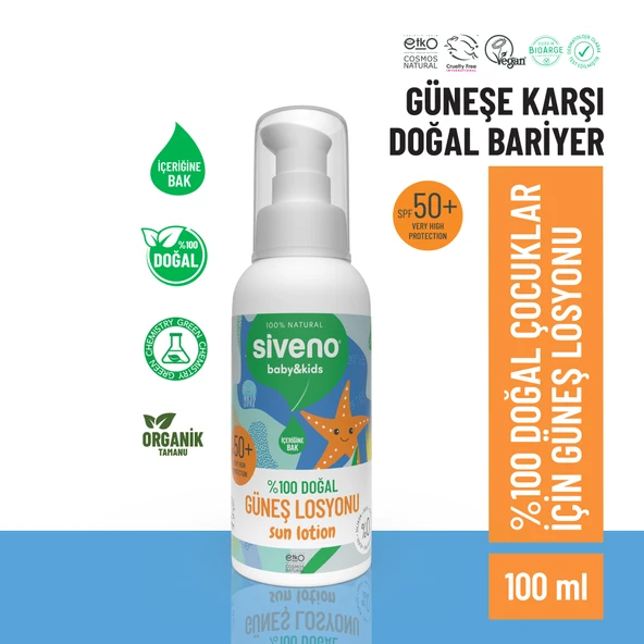 Siveno %100 Doğal Çocuk Güneş Losyonu Leke Karşıtı Antioksidan Nemlendirici Bitkisel Vegan UVA UVB SPF50 ürün görseli 1