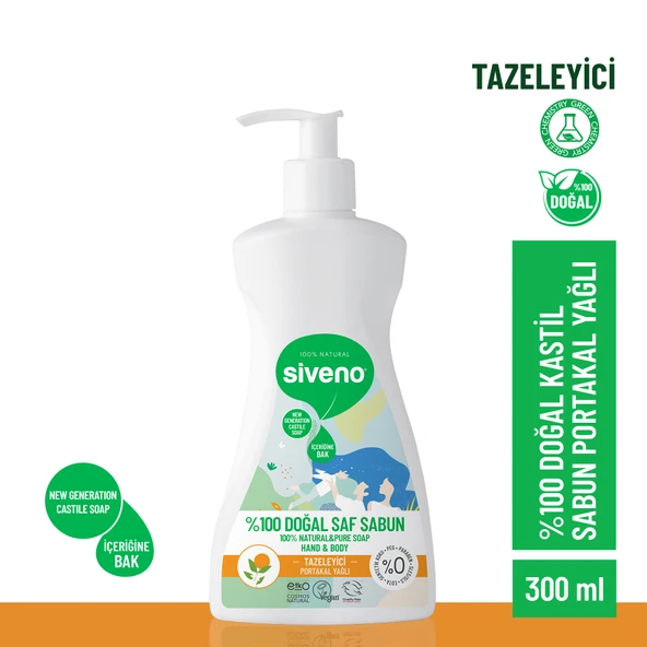 Siveno %100 Doğal Sıvı Kastil Sabun Portakal Yağlı Yoğun Nemlendirici Arındırıcı Bitkisel Vegan 300 ml ürün görseli 1