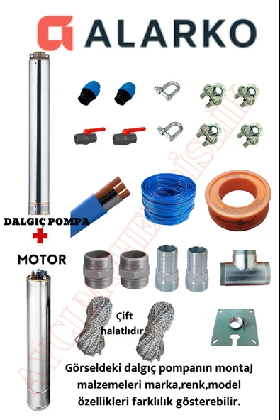4SD4/18 2 HP ALARKO  25 MT YASSI KABLOLU  50 MT HALATLI ÇİFT VANALI AKITMA BAŞLIKLI TRİFAZE TAKIM DALGIÇ POMPA ürün görseli 1