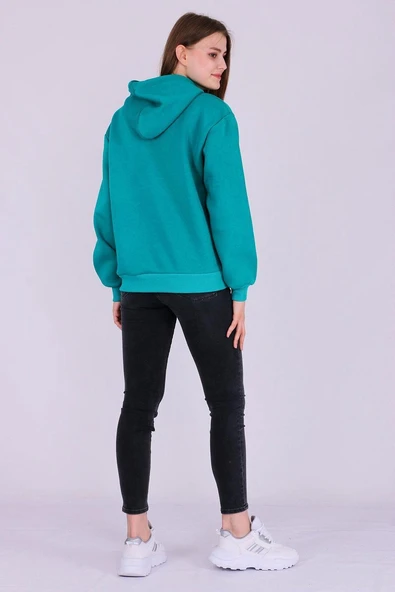 Yeşil Basic Oversize Kadın Kapüşonlu Hoodie 3 iplik Sweatshirt - Resim 7