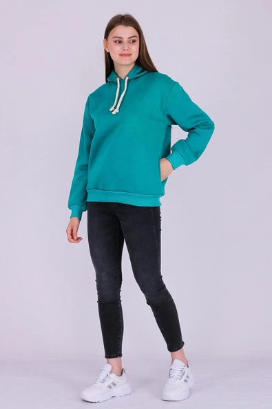 Yeşil Basic Oversize Kadın Kapüşonlu Hoodie 3 iplik Sweatshirt - Resim 2
