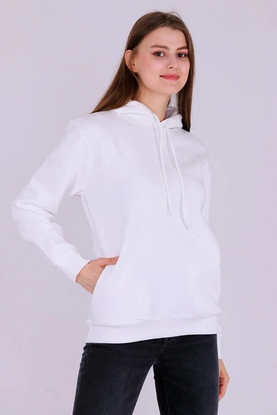 Beyaz Basic Oversize Kadın Kapüşonlu Hoodie 3 iplik Sweatshirt - Resim 2