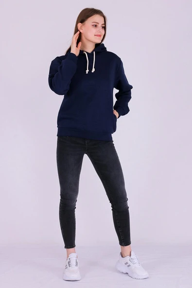 Lacivert Basic Oversize Kadın Kapüşonlu Hoodie 3 iplik Sweatshirt - Resim 6