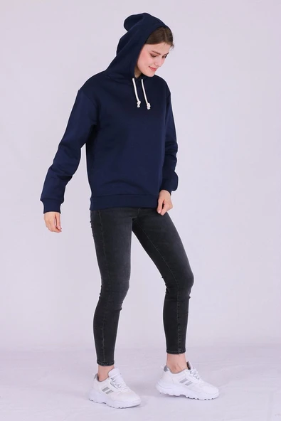 Lacivert Basic Oversize Kadın Kapüşonlu Hoodie 3 iplik Sweatshirt - Resim 3