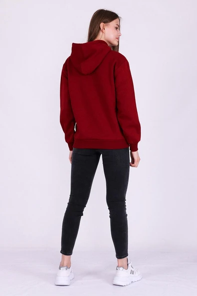 Bordo Basic Oversize Kadın Kapüşonlu Hoodie 3 iplik Sweatshirt - Resim 6