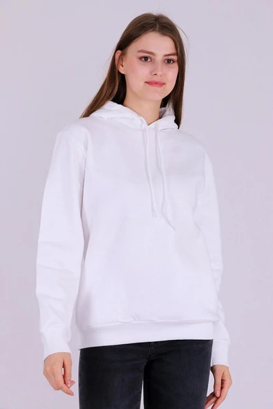 Beyaz Basic Oversize Kadın Kapüşonlu Hoodie 3 iplik Sweatshirt ürün görseli 1