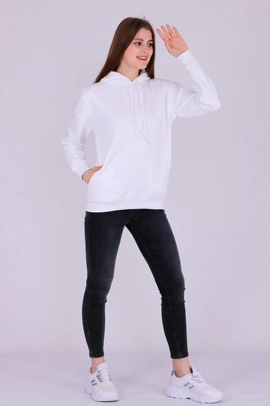 Beyaz Basic Oversize Kadın Kapüşonlu Hoodie 3 iplik Sweatshirt - Resim 6