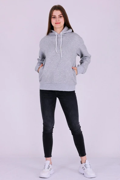 Gri Basic Oversize Kadın Kapüşonlu Hoodie 3 iplik Sweatshirt - Resim 2
