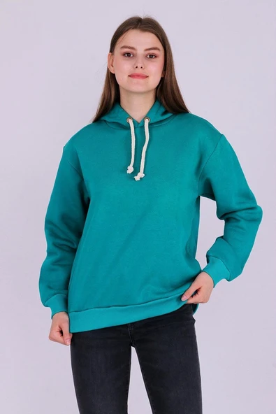 Yeşil Basic Oversize Kadın Kapüşonlu Hoodie 3 iplik Sweatshirt ürün görseli 1