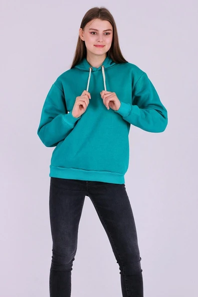 Yeşil Basic Oversize Kadın Kapüşonlu Hoodie 3 iplik Sweatshirt - Resim 6