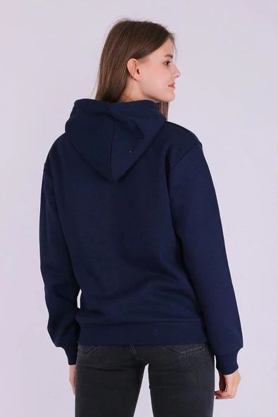 Lacivert Basic Oversize Kadın Kapüşonlu Hoodie 3 iplik Sweatshirt - Resim 7