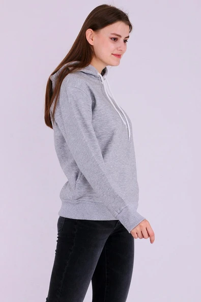 Gri Basic Oversize Kadın Kapüşonlu Hoodie 3 iplik Sweatshirt - Resim 6